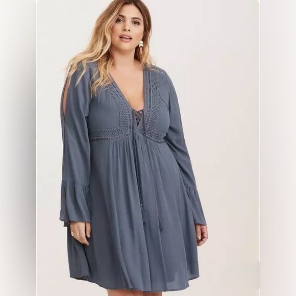 GUC Torrid Gauze Lace Up Skater Dress 👗 in Bering Sea 🌊 Plus Size 5 - Picture 15 of 16